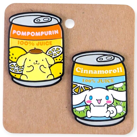 Hello Kitty Sanrio Enamel Pins: Pompompurin and Cinnamoroll Juice Can